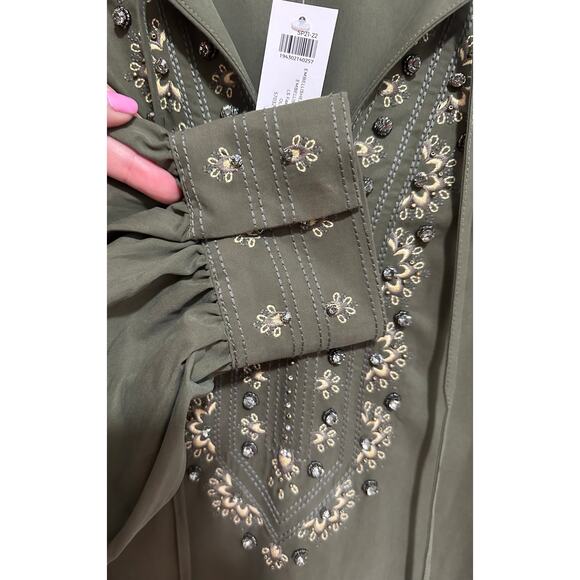 NWT Chico's Embellished Peasant Blouse Women's 2 12/14 Long Sleeve Olive Green - Picture 7 of 8